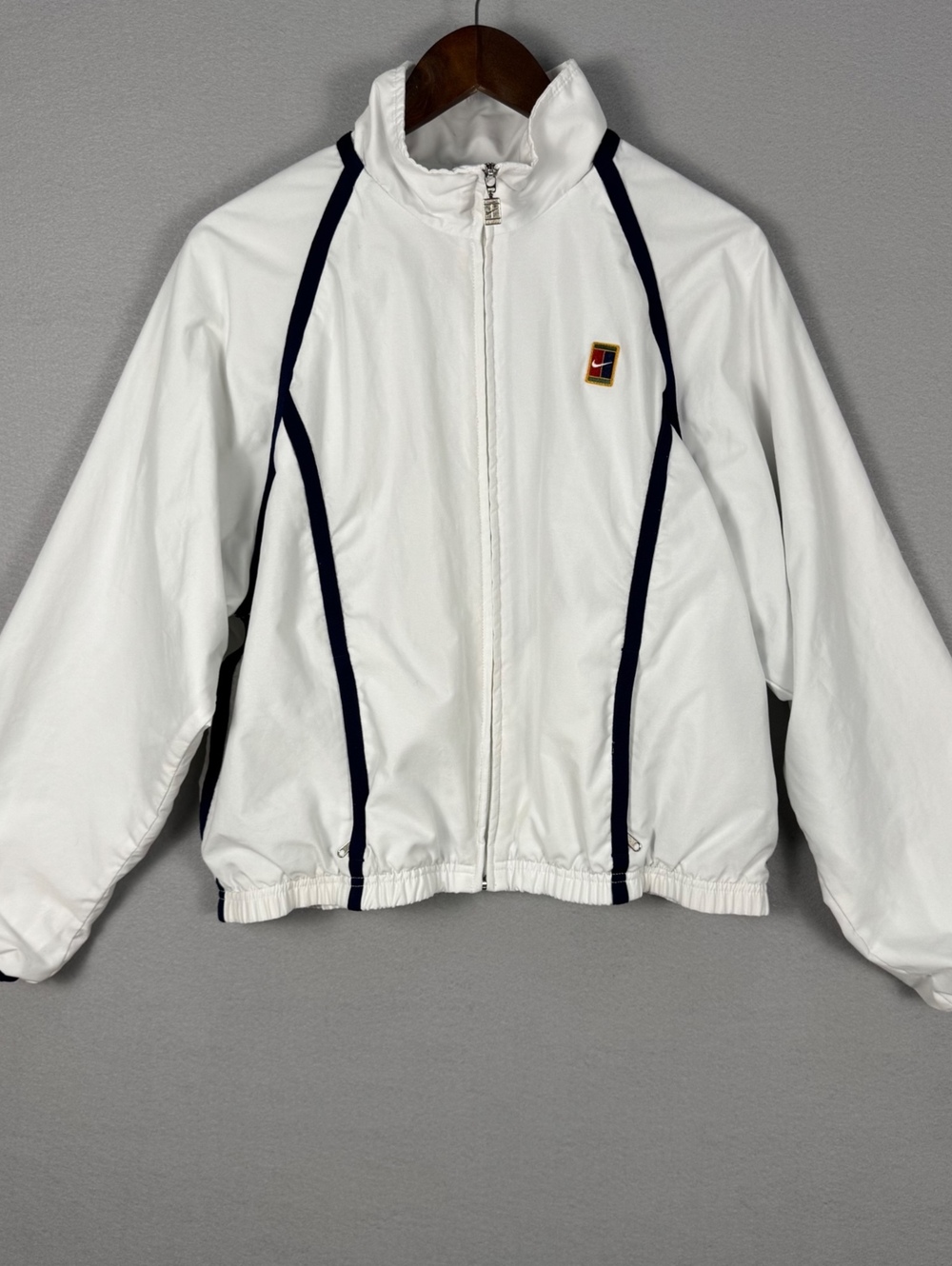 Vintage Nike Youth L 12-14 White Navy Windbreaker Jacket 90s